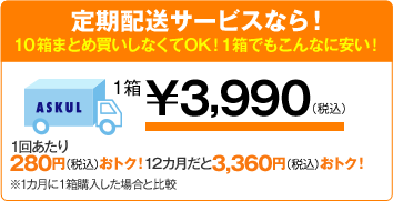 定期配送サービスなら！10箱まとめ買いしなくてOK！1箱でもこんなに安い！ １箱￥3,590（税込） 1回あたり400円（税込）おトク！12カ月だと4,800円（税込）おトク！※1カ月に１箱購入した場合と比較