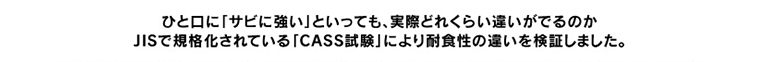 一口に「サビに強い」といっても、実際どれくらい違いがでるのかJISで規格化されている「CASS試験」により耐食性の違いを検証しました。