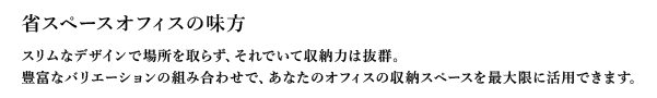 省スペースオフィスの味方 スリムなデザインで場所を取らず、それでいて収納力は抜群。豊富なバリエーションの組み合わせで、あなたのオフィスの収納スペースを最大限に活用できます。