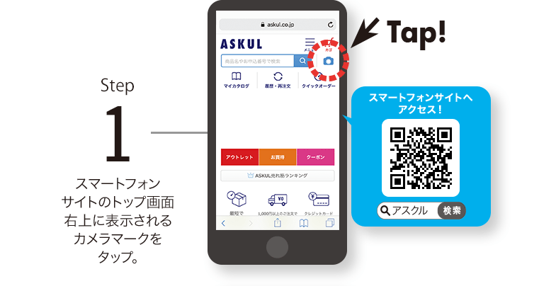 Step 1 スマートフォンサイトのトップ画面右上に表示されるカメラマークをタップ。