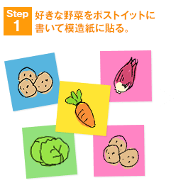 Step1 - 好きな野菜をポストイットにいて模造紙に貼る。